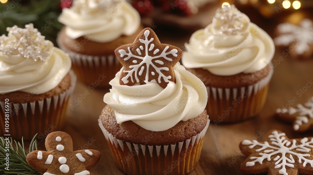 44.A Christmas baking scene with cupcakes decorated with gingerbread cookies and holiday-themed sprinkles. The cupcakes are topped with fluffy white frosting, and the gingerbread cookies feature 44.A Christmas baking scene with cupcakes decorated with gingerbread cookies and holiday-themed sprinkles. The cupcakes are topped with fluffy white frosting, and the gingerbread cookies feature