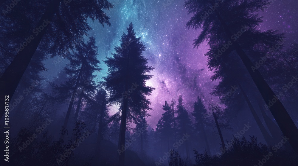Fototapeta premium Dense forest with tall trees silhouetted against the backdrop of a vivid Milky Way sky