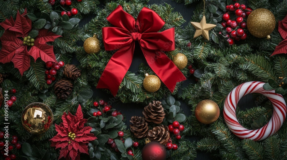 83.A detailed display of Christmas wreaths made from fir branches, each uniquely decorated with festive elements. One wreath features a large red ribbon with golden ornaments, another has candy canes 83.A detailed display of Christmas wreaths made from fir branches, each uniquely decorated with festive elements. One wreath features a large red ribbon with golden ornaments, another has candy canes