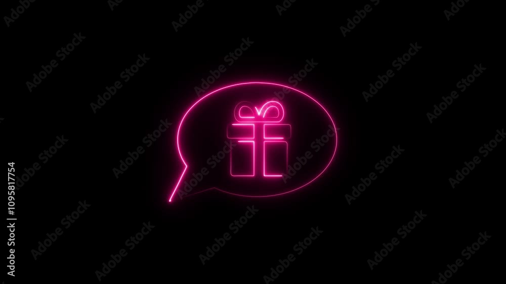 Abstract glowing neon gift box with message icon animation. Abstract glowing neon gift box with message icon animation.