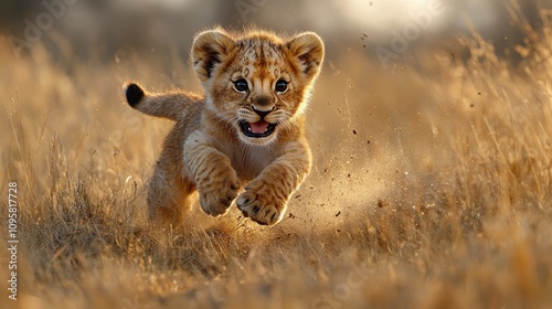 Playful lion cub running through golden grass in the wild