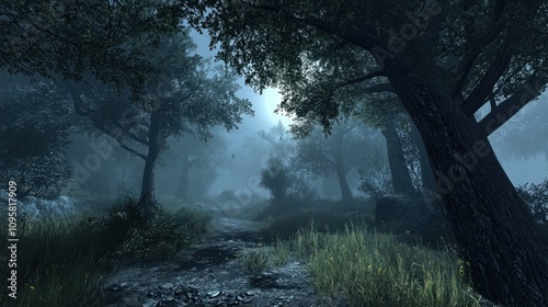 Eerie forest with thick mist and faint moonlight shining through the shadows of the trees