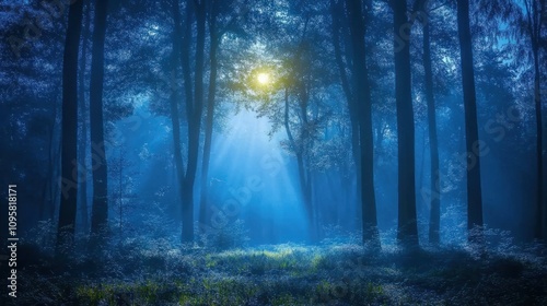 Enchanted forest at night with moonlight filtering through tall trees, creating a mystical glow