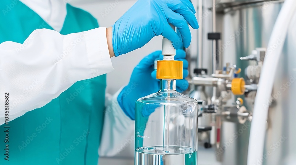 Fototapeta premium Image of a modern high tech laboratory setting with various scientific equipment and apparatus being used by lab technicians and researchers as they conduct experiments and analyze samples
