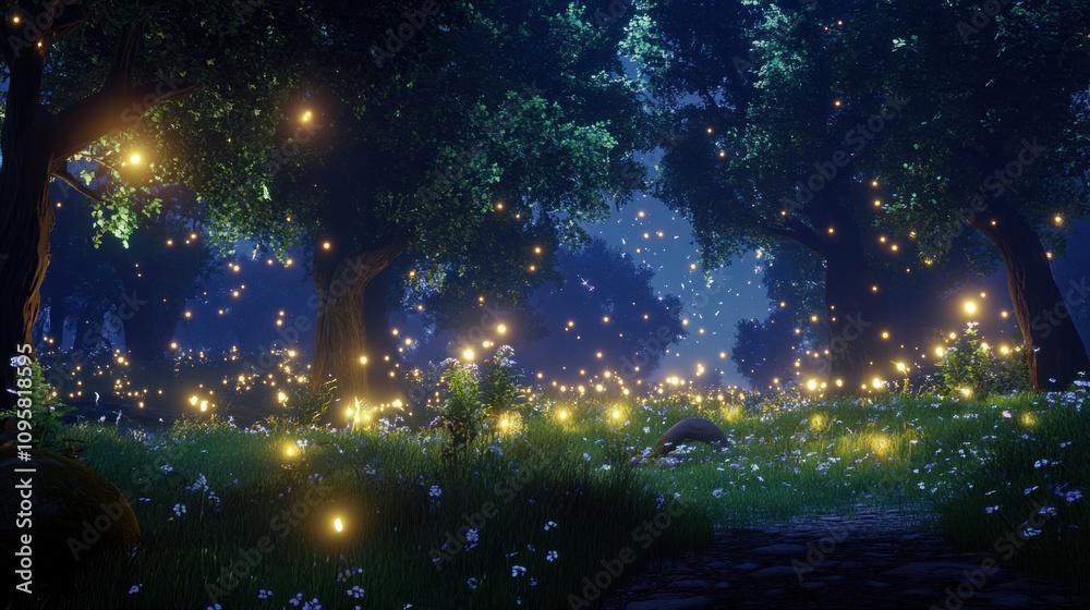 Naklejka premium Enchanted woodland at night with fireflies lighting up the shadows and stars twinkling above
