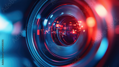 Close up of camera lens with vibrant red and blue lights reflecting, showcasing intricate details and futuristic aesthetic. lens captures blend of technology and artistry