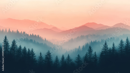 serene landscape featuring layered mountains and misty forest at dawn, showcasing elegant muted tones and beautiful gradient transition