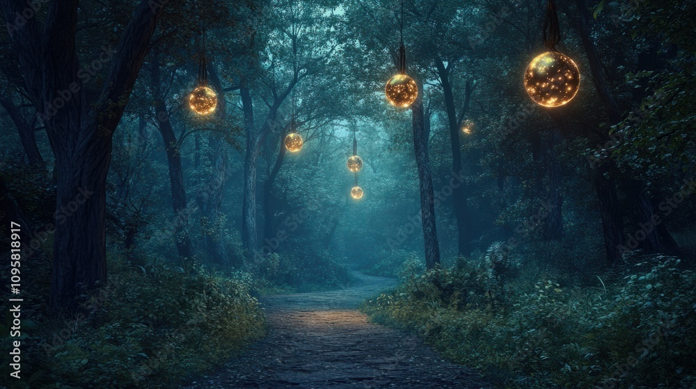 Forest path at night with glowing orbs of light suspended in the trees, creating a mystical feel