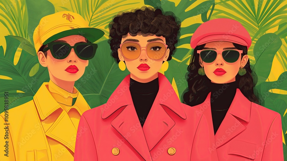 Illustration of three fashionable women in bold colors, wearing sunglasses and trendy outfits, against a tropical leaf background. Illustration of three fashionable women in bold colors, wearing sunglasses and trendy outfits, against a tropical leaf background.
