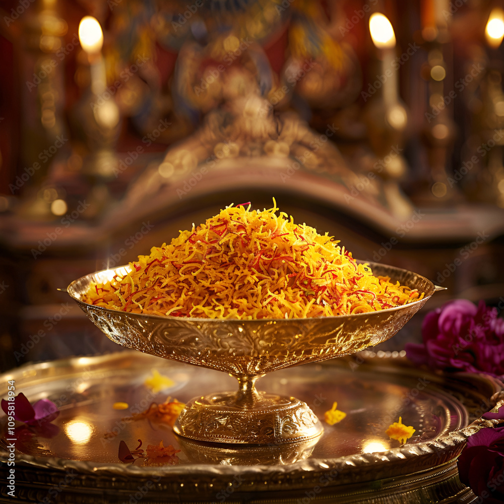 A golden bowl filled with saffron threads, set on a decorative tray. A golden bowl filled with saffron threads, set on a decorative tray.