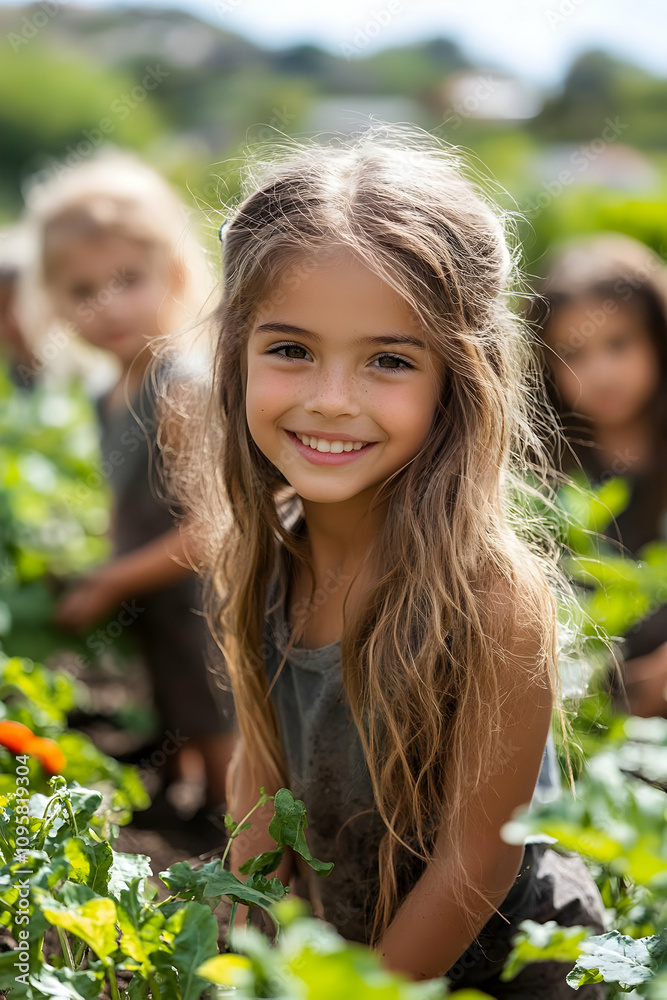 Smiling Girl in Garden - Child in Nature Photo Smiling Girl in Garden - Child in Nature Photo