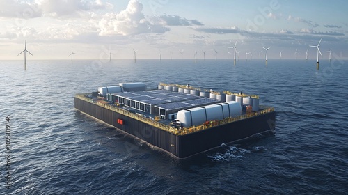 Offshore wind farm with turbines and an energy storage facility on a floating platform set against a clear horizon over the open ocean photo