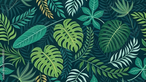 Wallpaper Mural Vibrant tropical leaf patterns on a dark background Torontodigital.ca