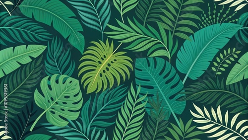 Wallpaper Mural Lush tropical foliage pattern in vibrant greens Torontodigital.ca