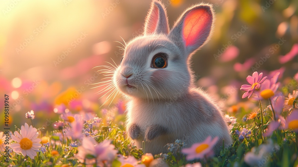 Fototapeta premium Cute rabbit sitting in a field of colorful flowers during sunset