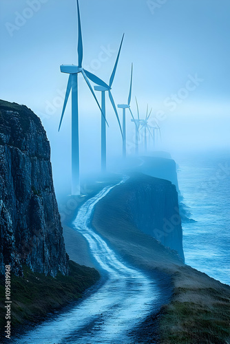 Misty Coastline Wind Turbin...