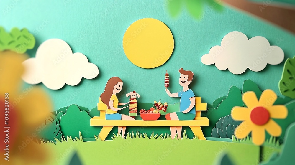 Naklejka premium Whimsical paper cut depicting a family enjoying pork skewers and spending a sunny day together in a lush park setting The scene features a vibrant playful design with cutout elements such as clouds