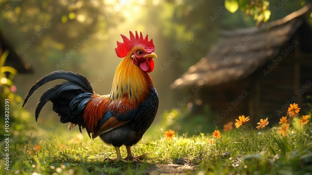 Fototapeta premium Vibrant rooster standing in a sunlit garden near a rustic cabin