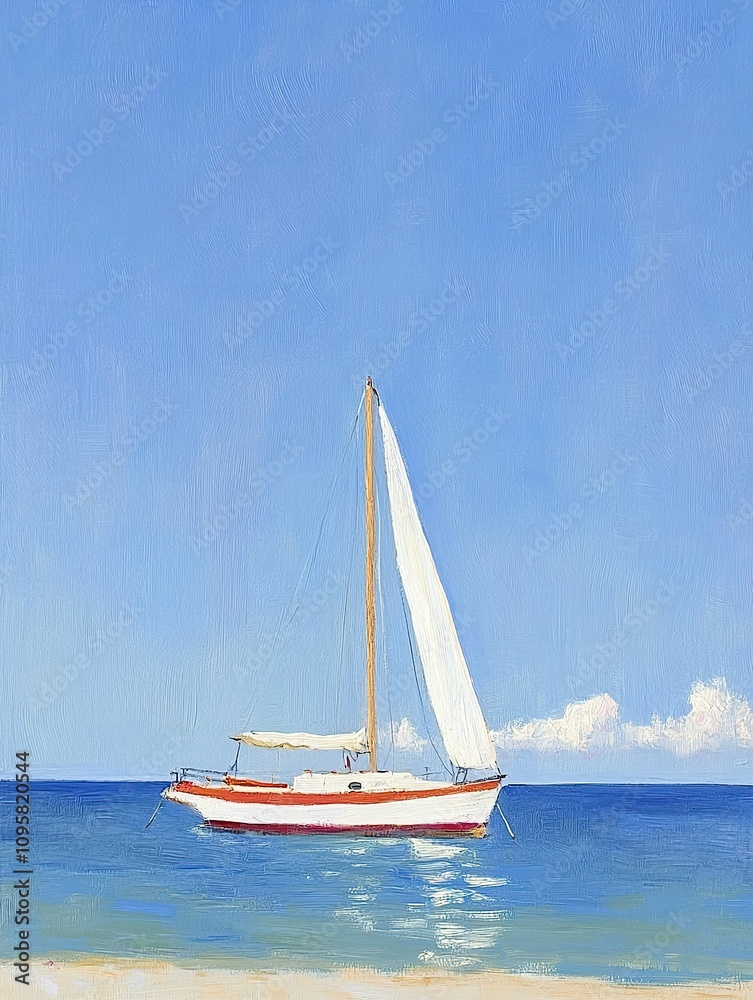 Naklejka premium A sailboat with a white sail and red hull is anchored in the calm blue waters of the ocean on a sunny day.