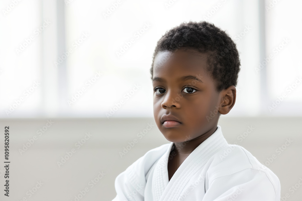 Naklejka premium Young Boy in White Martial Arts Uniform Preparing for Training