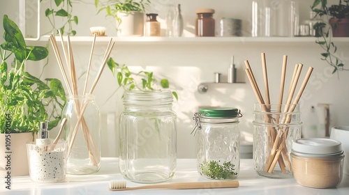 Zero Waste Lifestyle Bathroom Essentials Pattern featuring Glass Jars Bamboo Straws and Other Sustainable Storage Solutions for an Eco Friendly Natural and Minimalist Home Interior Decor