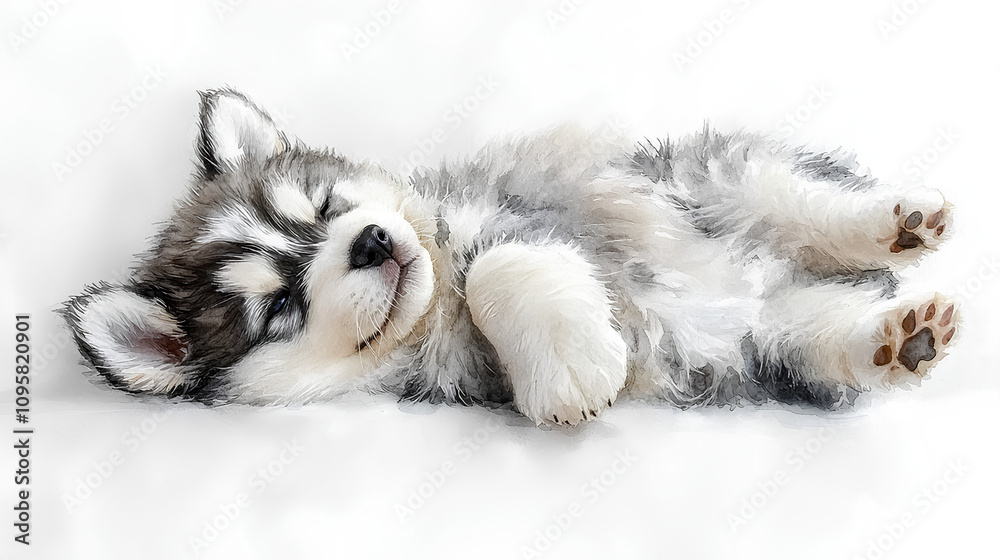 A watercolor Alaskan Malamute puppy curled up into a small fluffy ball, looking cozy and relaxed, painted delicately against white A watercolor Alaskan Malamute puppy curled up into a small fluffy ball, looking cozy and relaxed, painted delicately against white