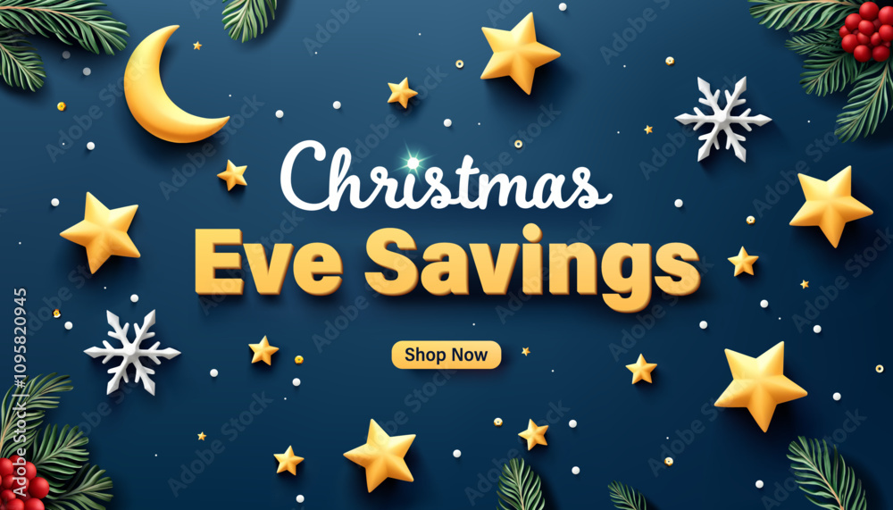 Naklejka premium Festive Christmas promotion banner featuring a navy-blue background adorned with golden stars and green pine branches. Ideal for Christmas promotions, Online or social media marketing.