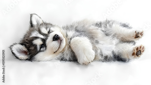 A watercolor Alaskan Malamute puppy curled up into a small fluffy ball, looking cozy and relaxed, painted delicately against white