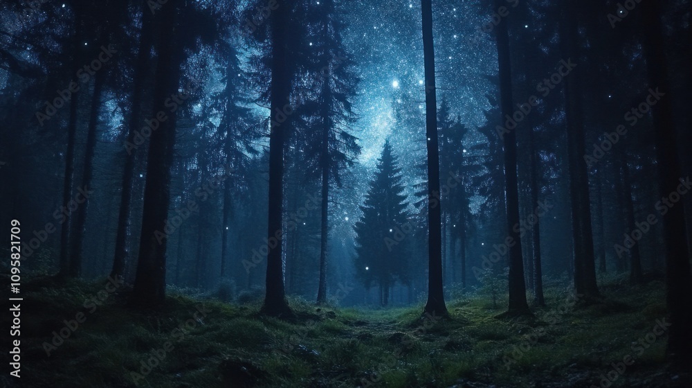 Quiet forest with shadows of tall trees under a brilliant Milky Way sky Quiet forest with shadows of tall trees under a brilliant Milky Way sky
