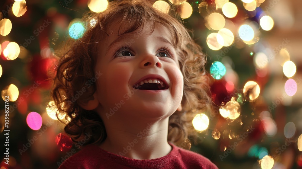 A child in front of a Christmas tree, face beaming with excitement as they prepare to open presents A child in front of a Christmas tree, face beaming with excitement as they prepare to open presents