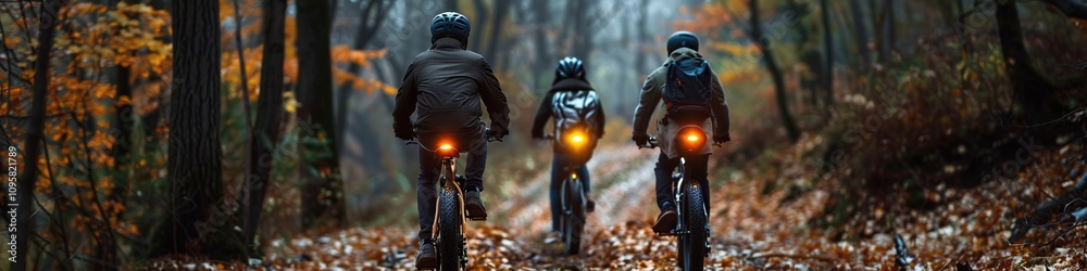 Mountain bikers in the autumn forest. Panorama Mountain bikers in the autumn forest. Panorama