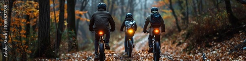 Mountain bikers in the autumn forest. Panorama