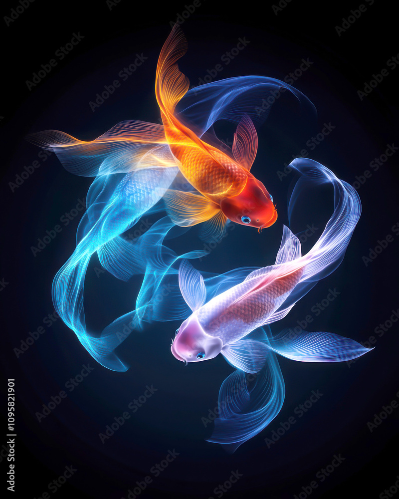 Colorful fish swim gracefully in an artistic underwater scene. Colorful fish swim gracefully in an artistic underwater scene.