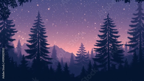 Silhouettes of tall pine trees against a glowing starry sky, creating a peaceful forest night background