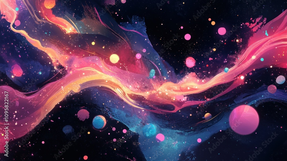 Abstract cosmic art with vibrant pink, blue, and orange nebulae, glowing stars, and planets. Abstract cosmic art with vibrant pink, blue, and orange nebulae, glowing stars, and planets.