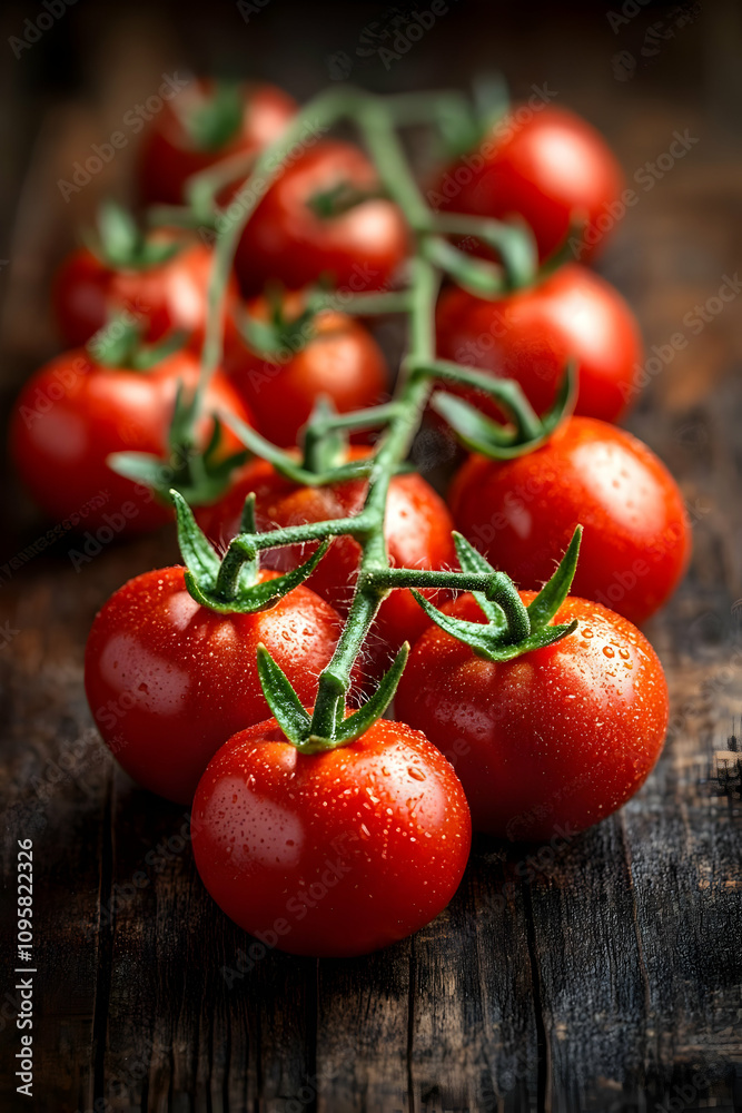 Juicy Red Tomatoes on the Vine Realistic Photo Juicy Red Tomatoes on the Vine Realistic Photo