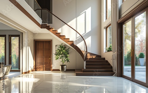 Spacious entrance hall in a villa with a modern wooden staircase near houseplant and large windows in soft natural lighting