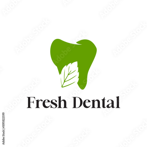 Dental Mint Logo Design. Fresh Toothed Green Leaves with Negative Space Style