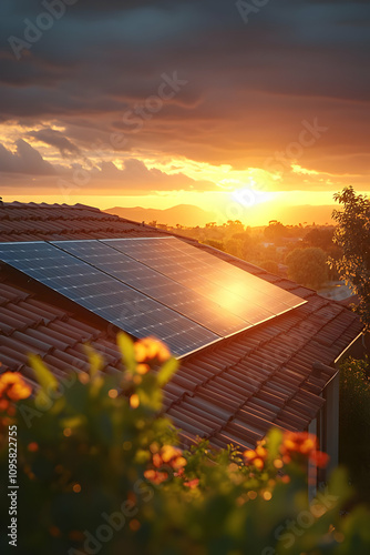 Sunset Solar Panels on Roof...