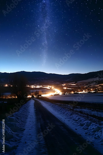 Snowy Road at Night, Milky ...
