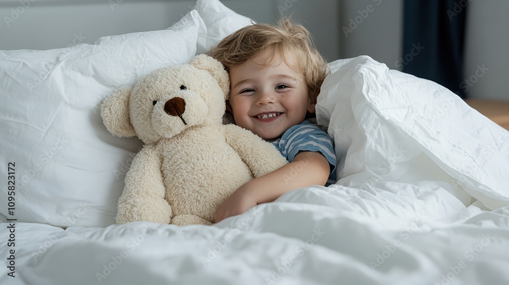 A cheerful child cuddles a teddy bear, enveloped in sunlit warmth and tucked under cozy blankets, radiating happiness and comfort.