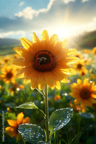 Sunlit Sunflower with Bee -...
