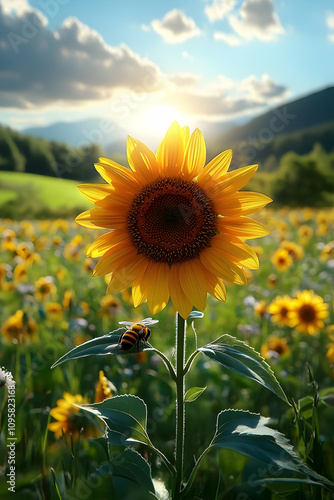 Vibrant Sunflower with Bee,...
