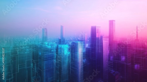 Futuristic city skyline at dawn, showcasing vibrant neon-lit skyscrapers and a hazy atmosphere.
