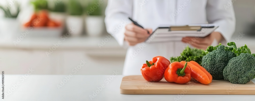 Close-up of dietitian explaining nutritional chart to patient, focus on balanced diet, clean and organized consultation space