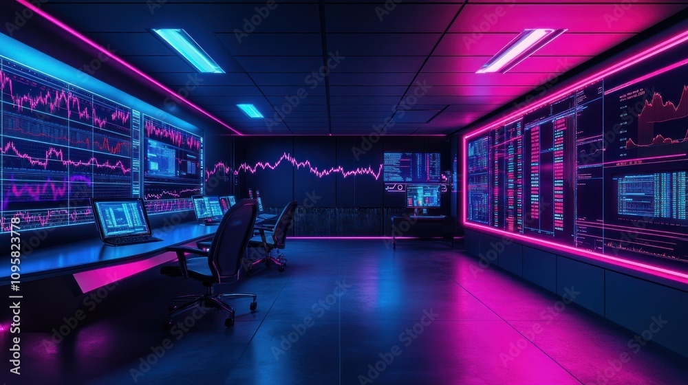 Futuristic trading room with vibrant neon lights and large monitors displaying financial data. Futuristic trading room with vibrant neon lights and large monitors displaying financial data.