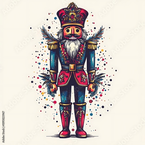 A colorful nutcracker figure with intricate details and festive design.