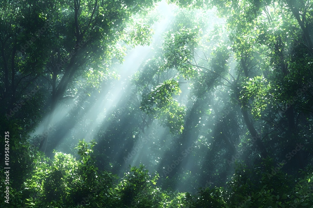 A serene forest scene with vibrant green foliage illuminated by soft rays of sunlight, creating a tranquil and magical atmosphere amidst the trees. A serene forest scene with vibrant green foliage illuminated by soft rays of sunlight, creating a tranquil and magical atmosphere amidst the trees.