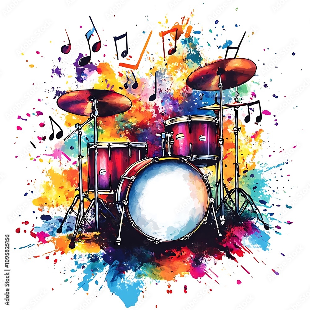 A vibrant watercolor illustration of a drum set surrounded by colorful splashes and musical notes. A vibrant watercolor illustration of a drum set surrounded by colorful splashes and musical notes.