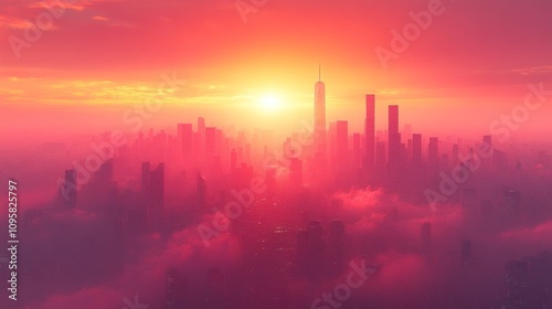 Cityscape Sunrise: A Breathtaking Aerial View of a Metropolis Bathed in the Warm Glow of Dawn
